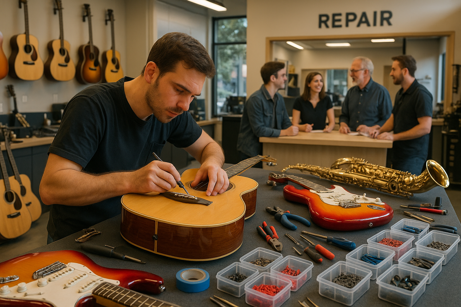 Music instrument repair technician sitting at workbench