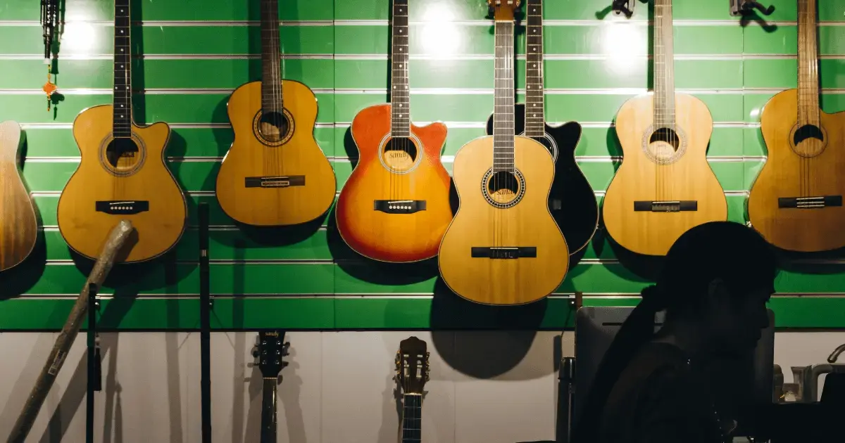 guitars hanging in a music shop