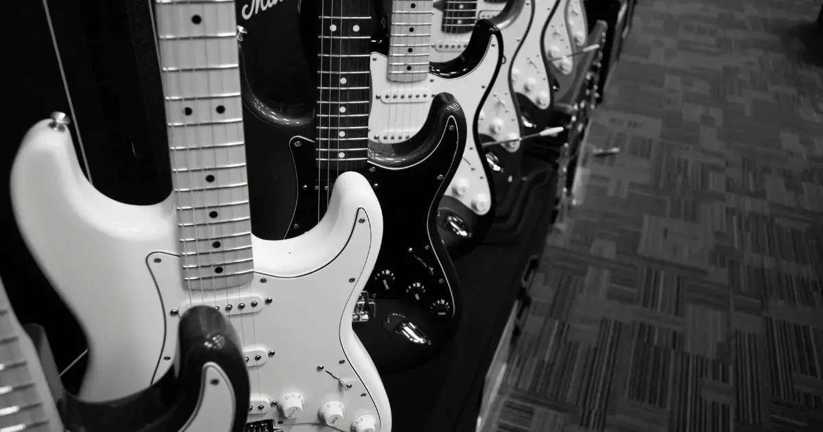 A wall of electric guitars